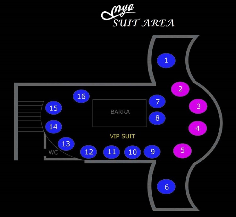 Mya nightclub Valencia table map seating area main room suit regular tables bar