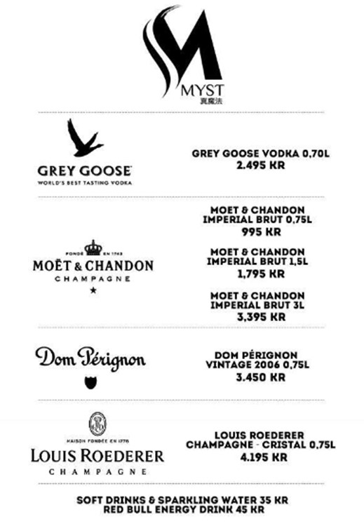 Myst nightclub Stockholm menu drinks alcohol bottles book now your own vip table best prices packages