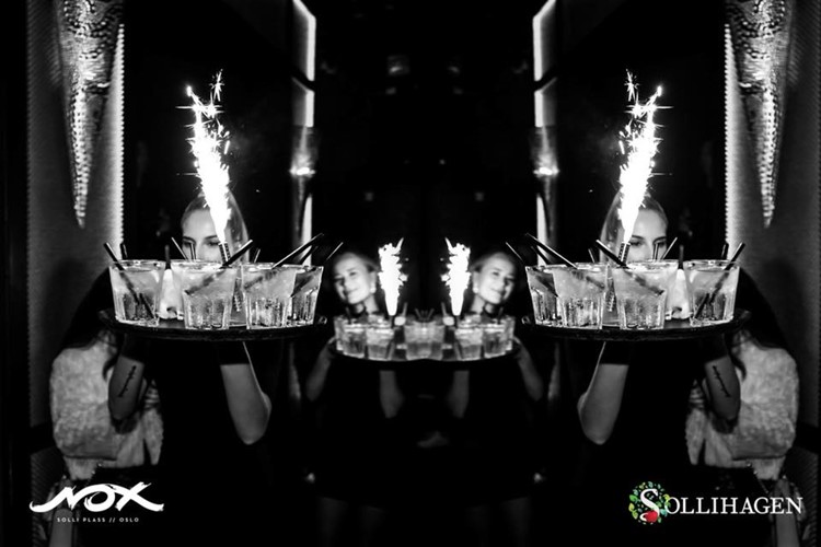 Nox and Sollihagen Club nightclub Oslo party drinks table service alcohol bottles champagne vodka