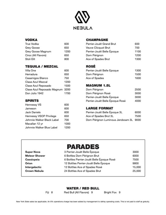Nebula nightclub NYC bottle menu alcohol drinks vodka rum gin whisky 
