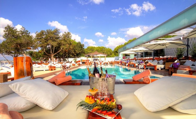 Nikki Beach beachclub Ibiza view of the lounge area swimming pool
