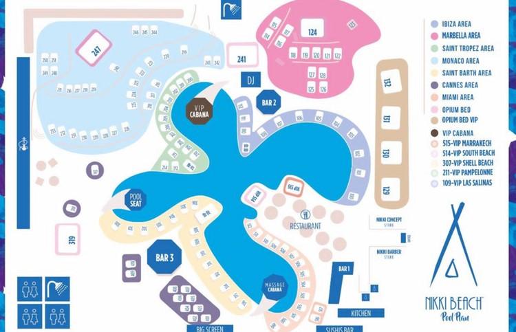 Nikki Beach club in Marrakech map overview poolclub sun bed cabana VIP