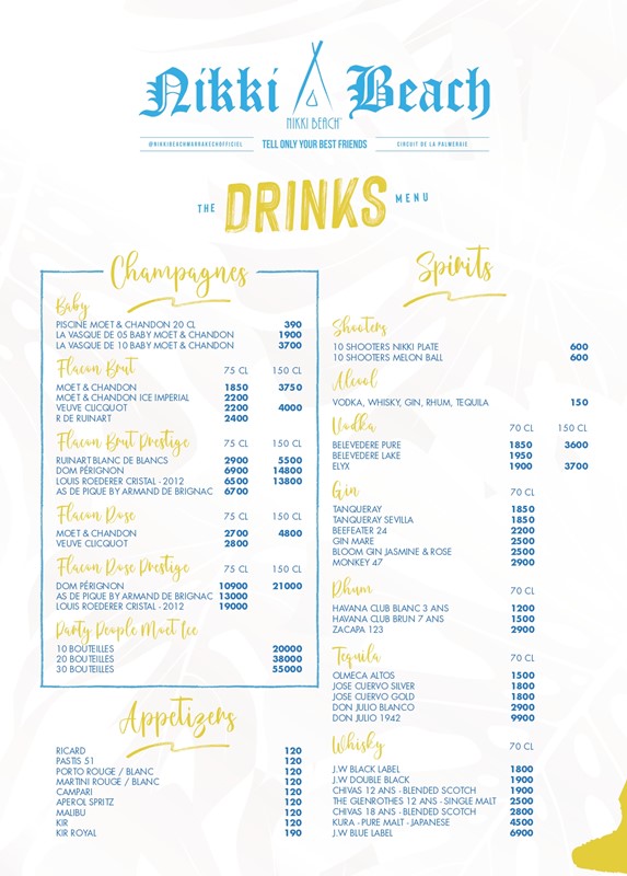 Nikki Beach club in Marrakech bottle menu champagne bubbles drinks pricing book your table 