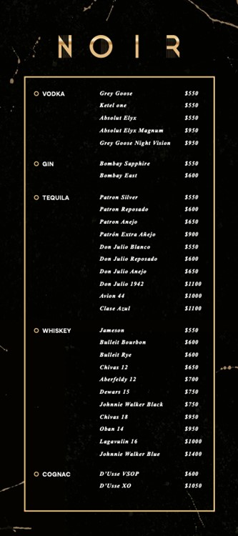 Noir nightclub NYC bottle menu pricing alcohol service