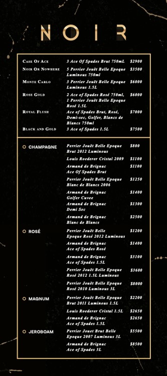 Noir nightclub NYC bottle menu vodka, rum, gin, cognac, whisky 