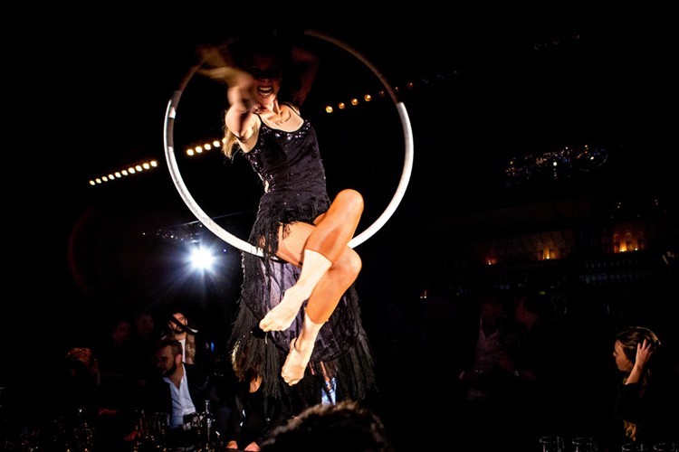 Dancer hanging in ring in the ceiling at Ochaya nightclub at Kasai in Stockholm