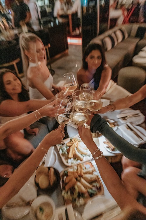 Occo club Marbella girls having fun cheers white wine champagne food celebration