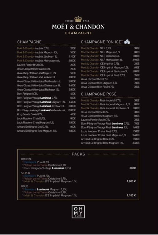 Oh my club Madrid nightclub bottle menu pricing champagne bubbles alcohol bottles premium 