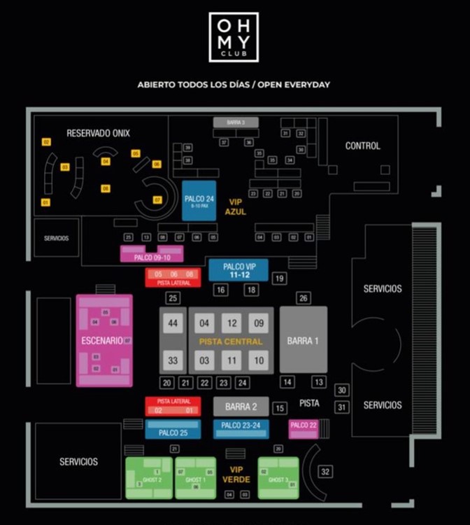 Oh my club nightclub in Madrid table map seating chart vip premium areas dance floor