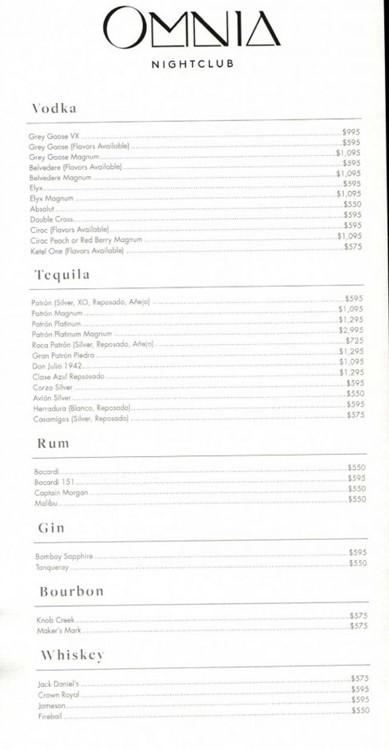 Omnia nightclub Las Vegas bottle menu prices rum gin whisky cognac vodka tequila mixers beverages
