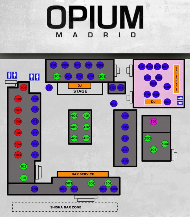 Opium nightclub Madrid tables map seating area bar VIP premium regular table book yours now