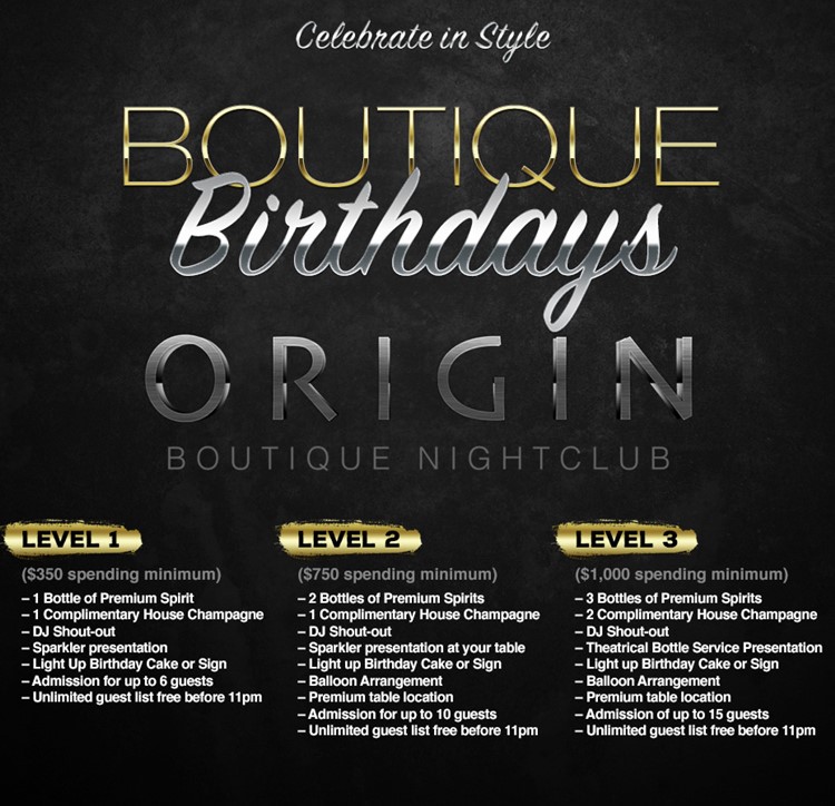 Origin nightclub San Francisco reserve birthday bachelor hen parties packages bubbles parade cake celebration party
