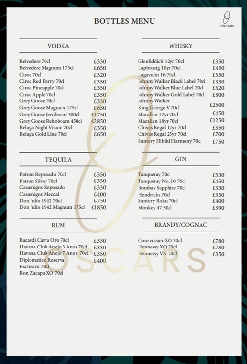 Oscars Mayfair nightclub London bottle service alcohol champagne bubbles whisky cognac rum gin tequila