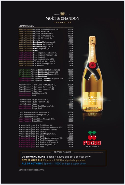 Pacha bottle menu club Barcelona champagne moet special shows bottle parade 