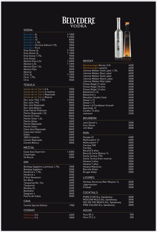 Pacha nightclub Barcelona bottle menu vodka whisky tequila rum gin cocktails cognac pricing book vip table now