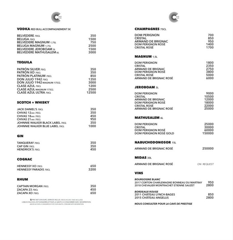 Palm Club gotha Cannes club nightclub bottle menu pricing vodka rum gin cognac whisky champagne 