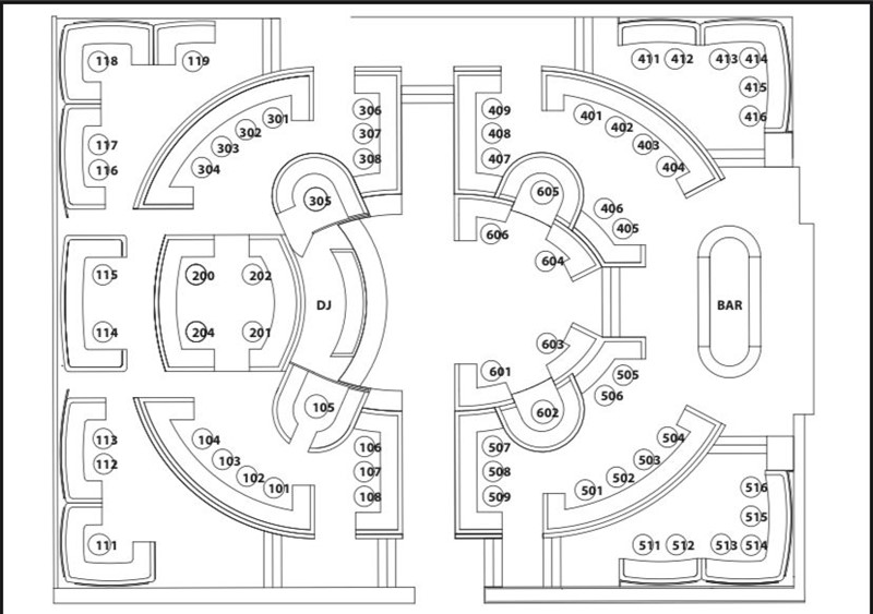 Palm Club Cannes map overview tables bar entrance regular VIP areas book now dj area 