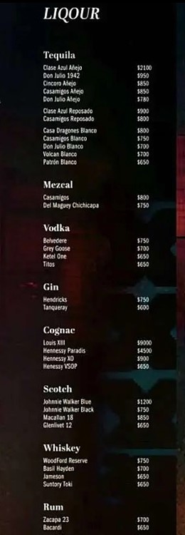 Paradise club NYC bottle menu prices vodka rum gin alcohol whisky