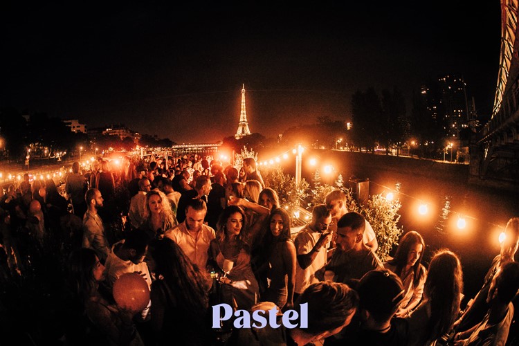 Pastel club Paris overview Eiffel Tower background night amazing event