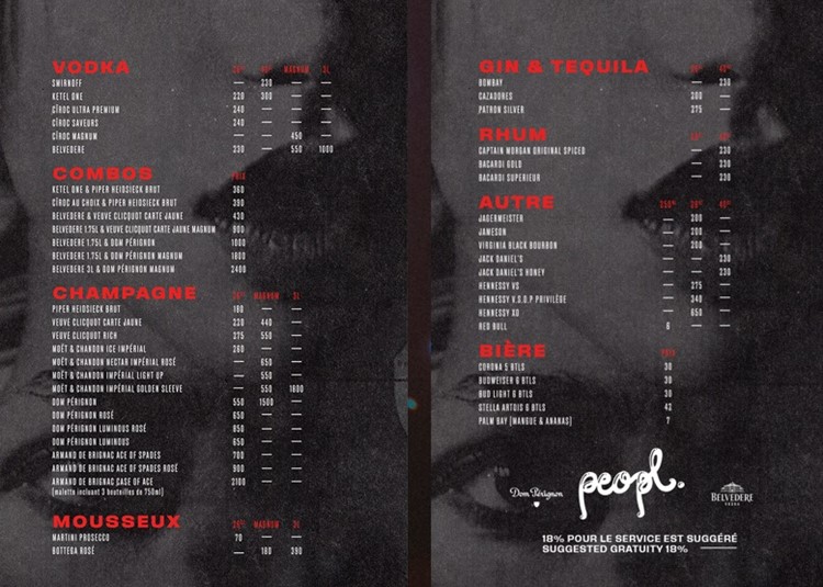 Peopl nightclub Montreal bottle menu prices vodka rum cognac gin champagne tequila book vip table celebrate hen birthday bachelor parties parade 