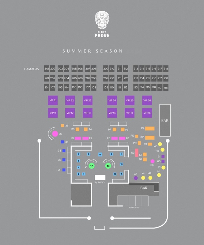 Playa Padre club Marbella Puerto Banus map seating area sunbeds cabanas hammocks book now