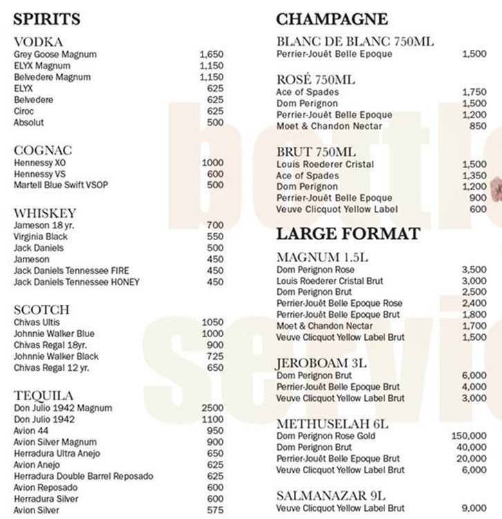 Poppy nightclub Los Angeles bottle menu champagne vodka rum gin cognac liquor whisky prices size bottles service