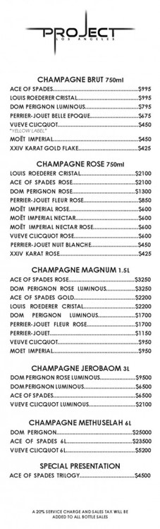 Project nightclub Los Angeles bubbles champagne whisky packages prices menu reservation service