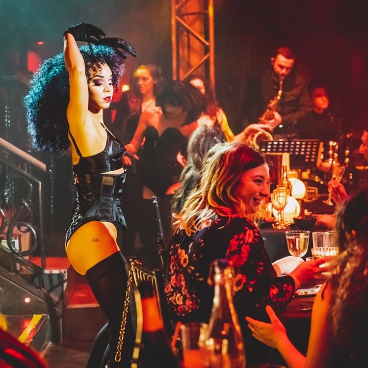 Proud Embankment nightclub London pretty dancers cabaret lingerie costumes feathers fancy dress up