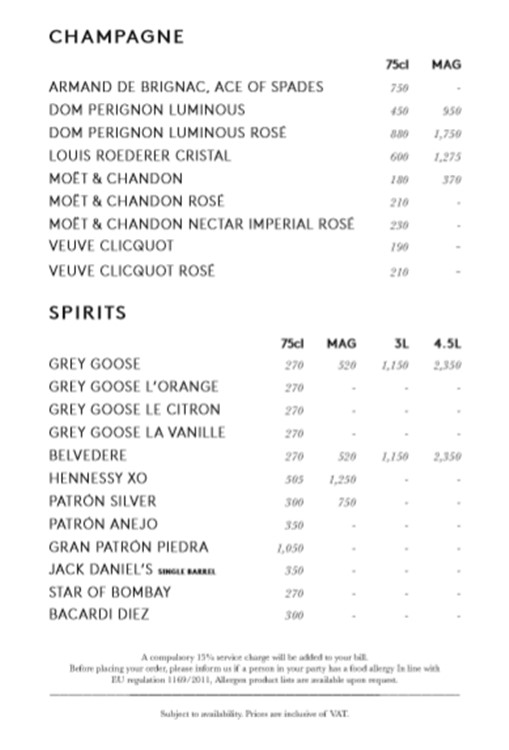 Proud Embankment London cabaret nightclub bottle menu champagne size price bubbles vodka rum gin cognac alcohol whisky bottles