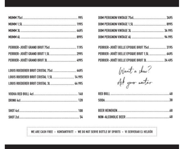 Push nightclub Gothenburg menu prices alcohol bottles champagne mixers cocktails one drink expensive exclusive luxury celebrate book table order show