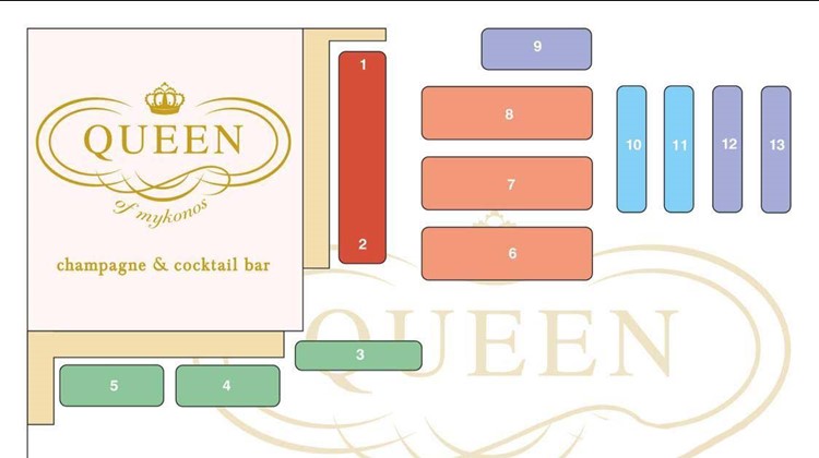 Queen of Mykonos club restaurant dinner nightclub fun venue tables map cocktail bar vip regular premium areas