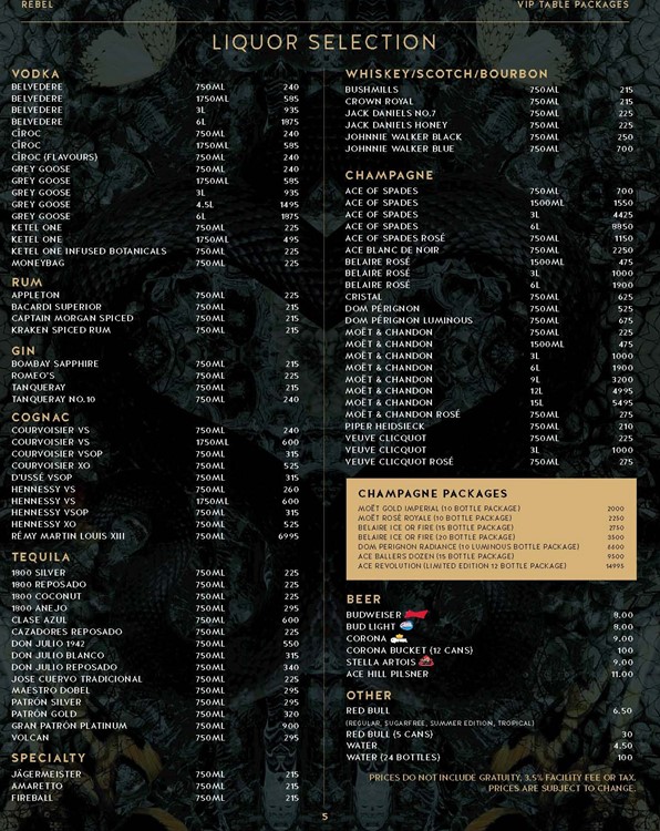 Rebel nightclub Toronto packages menu bottle service vip celebrate birthday hen bachelor parade vodka rum gin cognac champagne