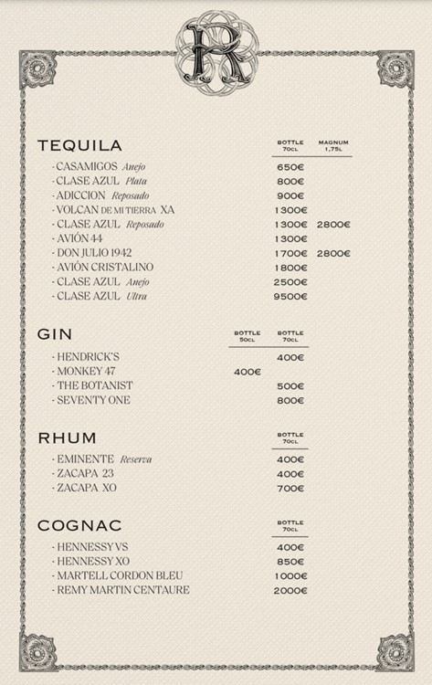 Raspoutine nightclub Paris bottle menu pricing alcohol vodka rum gin cognac whisky tequila book your table now