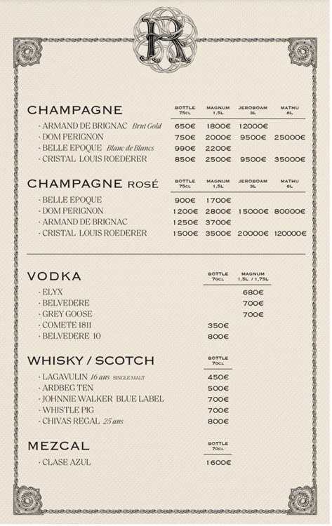 Raspoutine nightclub Paris club bottle service prices champagne bubbles packages parade book