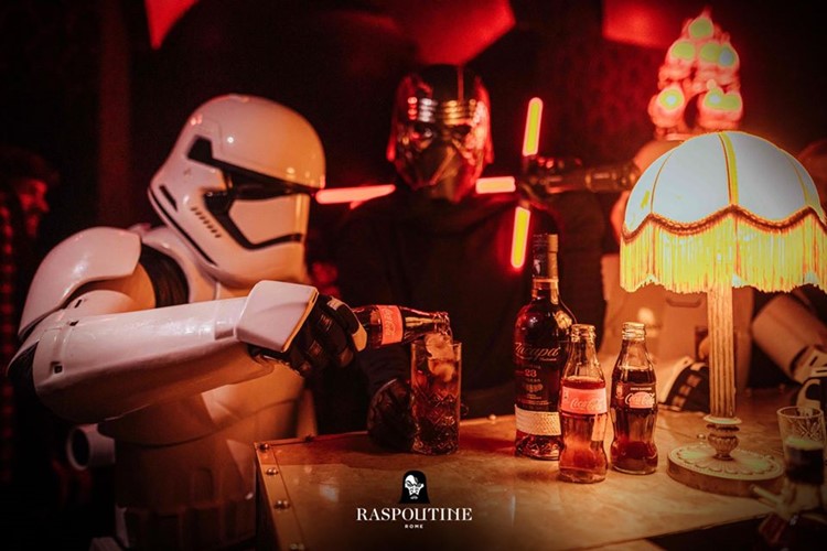 Raspoutine nightclub Rome star wars famous movie characters guard costumes fun party