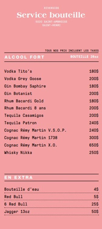 Riverside nightclub Montreal club bottle menu champagne bubbles prices book now vip table