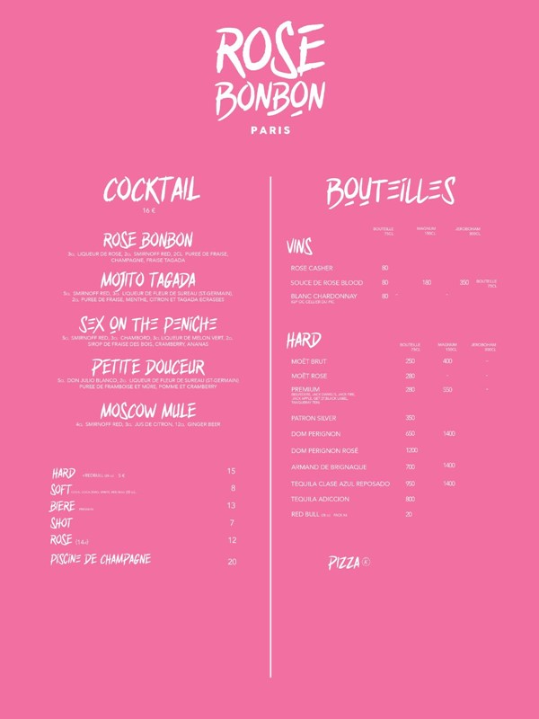 Rose Bonbon club Paris bottle menu nightclub cocktails bottles service bubbles champagne 
