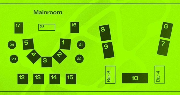 Rumors nightclub Copenhagen tables map overview main room dj bar areas book now