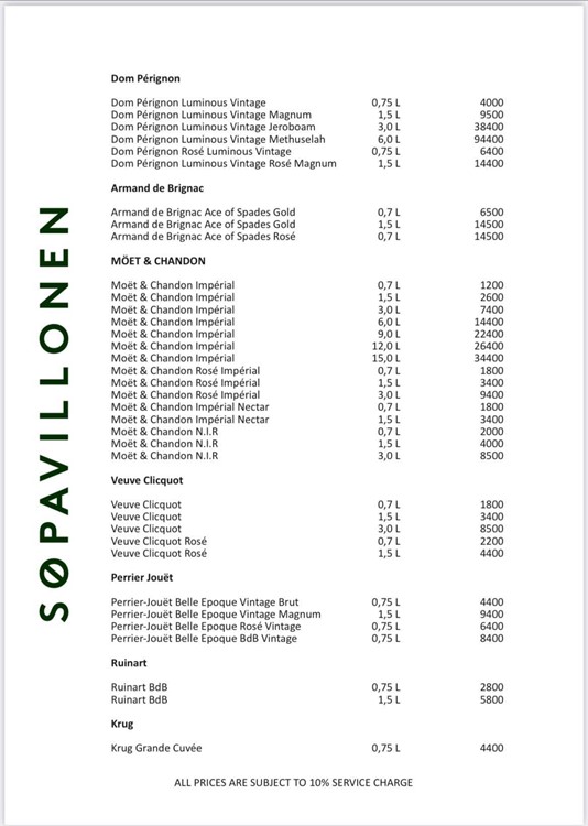 Sopavillonen nightclub Copenhagen bottle menu alochol vodka rum gin cognac whisky