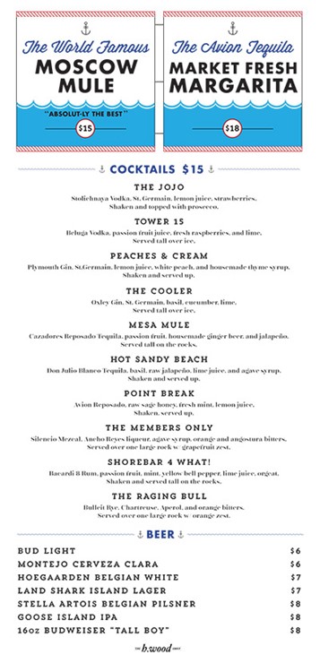 Shore bar LA drinks prices menu packages alcoholic beverages vodka rum whisky gin