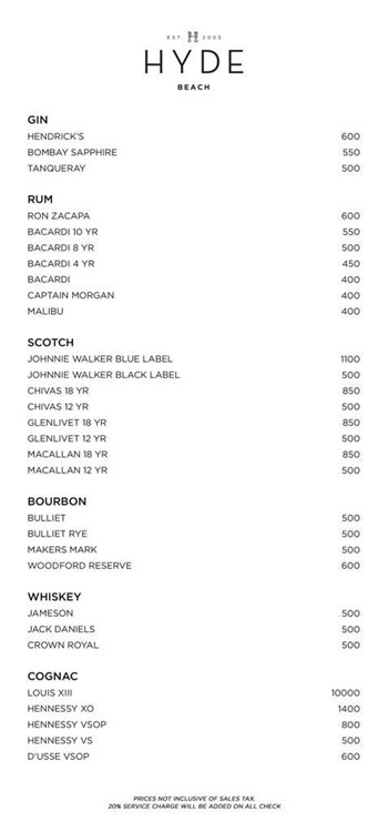 SLS Pool Club Hyde Beach Miami bottle menu pricing gin rum scotch bourbon whiskey cognac