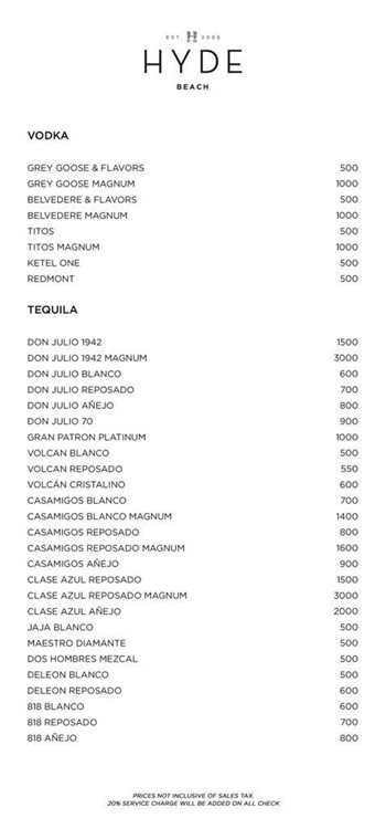 SLS Pool Club Hyde Beach Miami vodka tequila bottles menu listing pricing book now