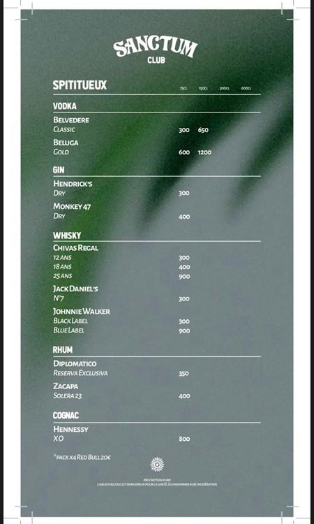 Sanctum club St Tropez bottle menu alcohol pricing prices drinks beverages book vip table