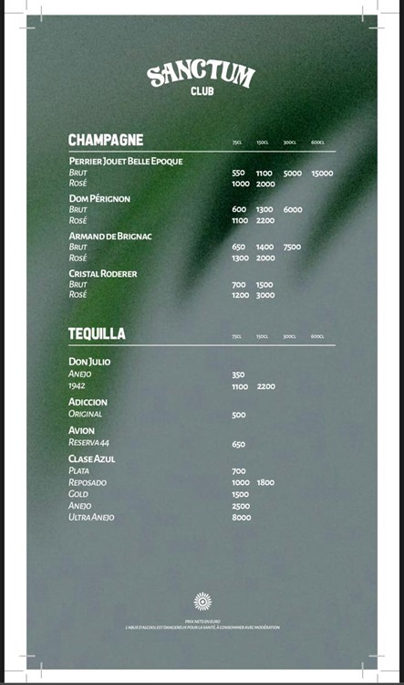 Sanctum club St Tropez bottle service menu whisky rum gin cognac champagne bubbles 