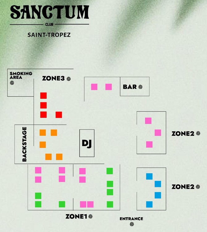 Sanctum club St Tropez map tables seating area lounge VIP DJ booth bar