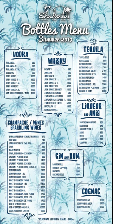 Bottle menu with prices for spirits at Shavlata in Tel Aviv