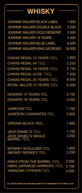 Sky 2.0 nightclub Dubai whiskey pricing bottle service