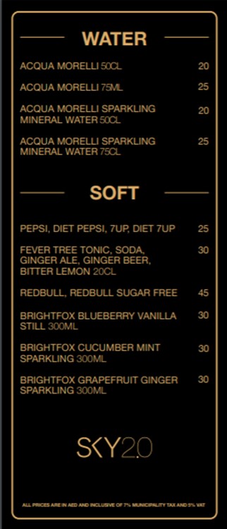 Sky 2.0 nightclub Dubai bottle menu beverages water soft drinks non alcoholic 
