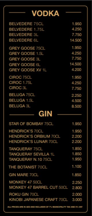 Sky 2.0 nightclub Dubai vodka gin alcohol prices