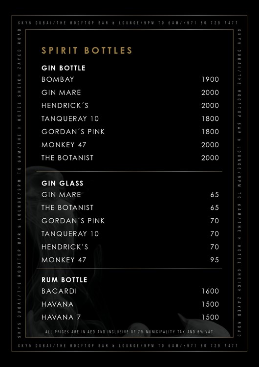 Sky 5 nightclub Dubai menu drinks alcohol prices per bottle per glass